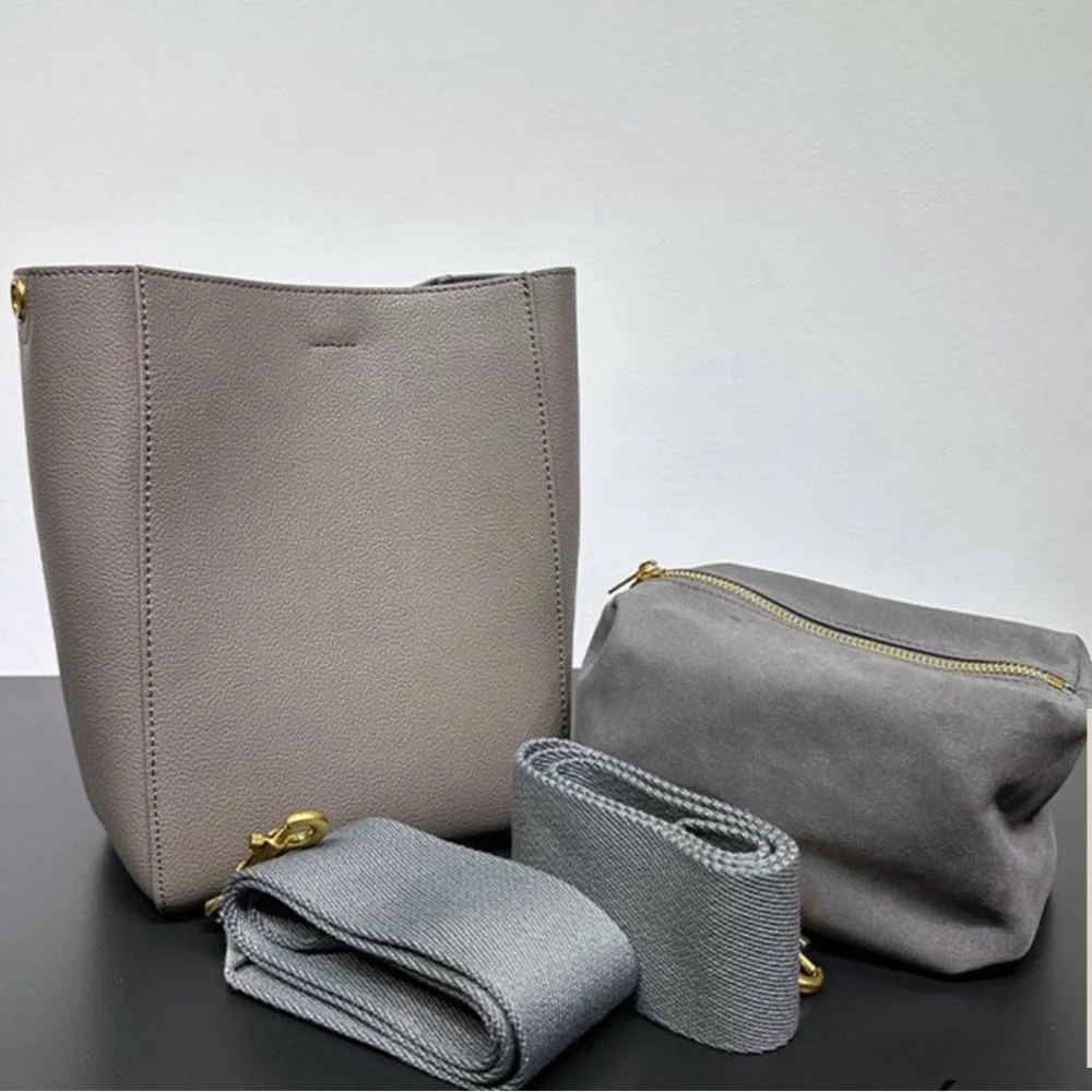 Genuine Leather Bucket Bag Dark Gray - Picture 1 of 13